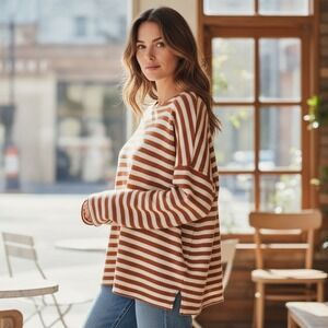 PASSENGER Brown Striped Long Sleeve Sweater Top XL Oversized Casual Minimalist‎